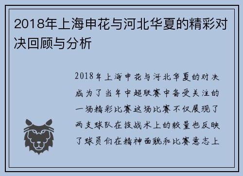 2018年上海申花与河北华夏的精彩对决回顾与分析
