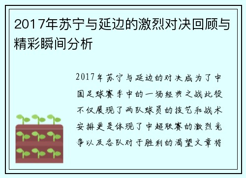 2017年苏宁与延边的激烈对决回顾与精彩瞬间分析