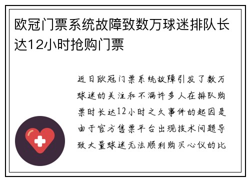 欧冠门票系统故障致数万球迷排队长达12小时抢购门票