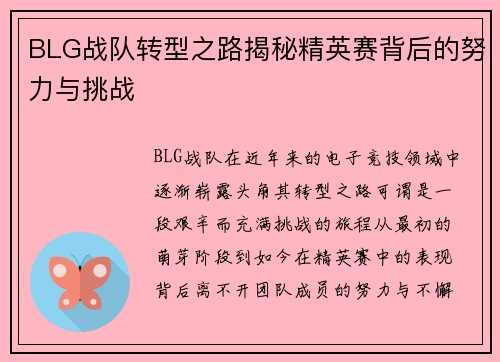 BLG战队转型之路揭秘精英赛背后的努力与挑战