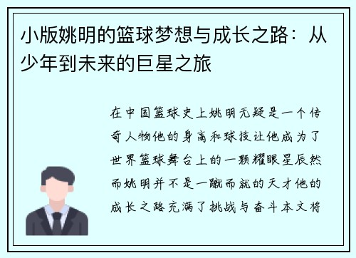 小版姚明的篮球梦想与成长之路：从少年到未来的巨星之旅