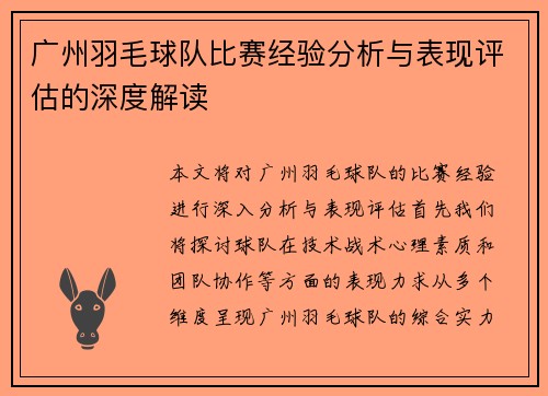 广州羽毛球队比赛经验分析与表现评估的深度解读