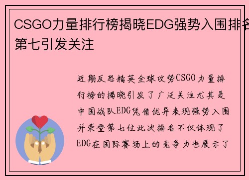 CSGO力量排行榜揭晓EDG强势入围排名第七引发关注